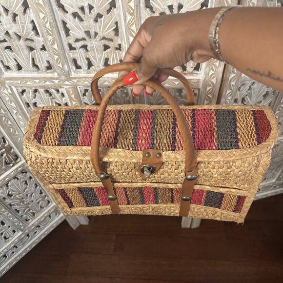 Vtg 60s Acapulco Straw Woven Small Shopper Tote Beach Bag w Multi Color Stripes - Picture 4 of 8